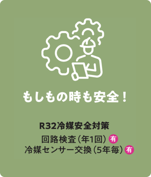 もしもの時も安全!R32冷媒安全対策。回路検査(年1回) [有]、冷媒センサー交換(5年毎) [有]