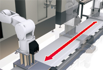 ロボットに走行軸を組み合わせ工程間搬送を効率良く行います。
