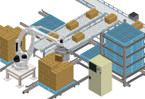 パレタイズロボットが段ボール・袋・一斗缶等のパレット積付け作業（貨物を効率よく配置）を自動化します。